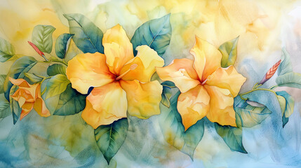 Watercolor allamanda in wet-on-dry style, fine details and vibrant colors, pastel background