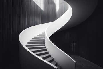 Obraz premium A white staircase spiraling upward in a dark, modern building. 