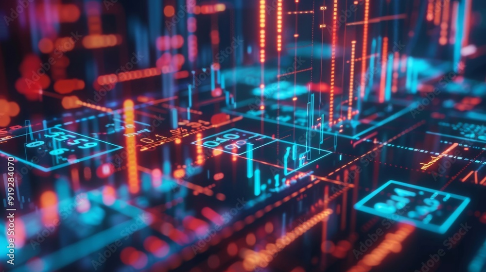 Poster high-tech financial technology with digital graphs and currency symbols, emphasizing the integration