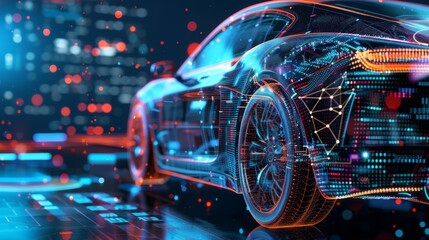 High-tech automotive engineering with a digital car design, illustrating advancements in vehicle technology and innovation in transportation.