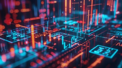 Obraz premium High-tech financial technology with digital graphs and currency symbols, emphasizing the integration of technology in modern finance.
