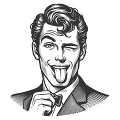 man winking and playfully sticking out his tongue, charismatic expression sketch engraving generative ai fictional character vector illustration. Scratch board imitation. Black and white image.