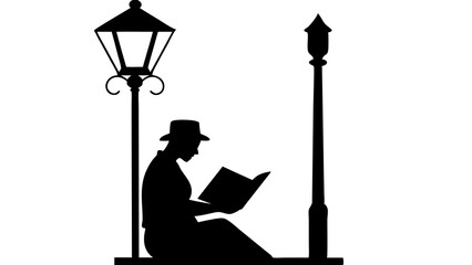 Person Reading a Book Under Streetlamp - Black & White Silhouette Illustration