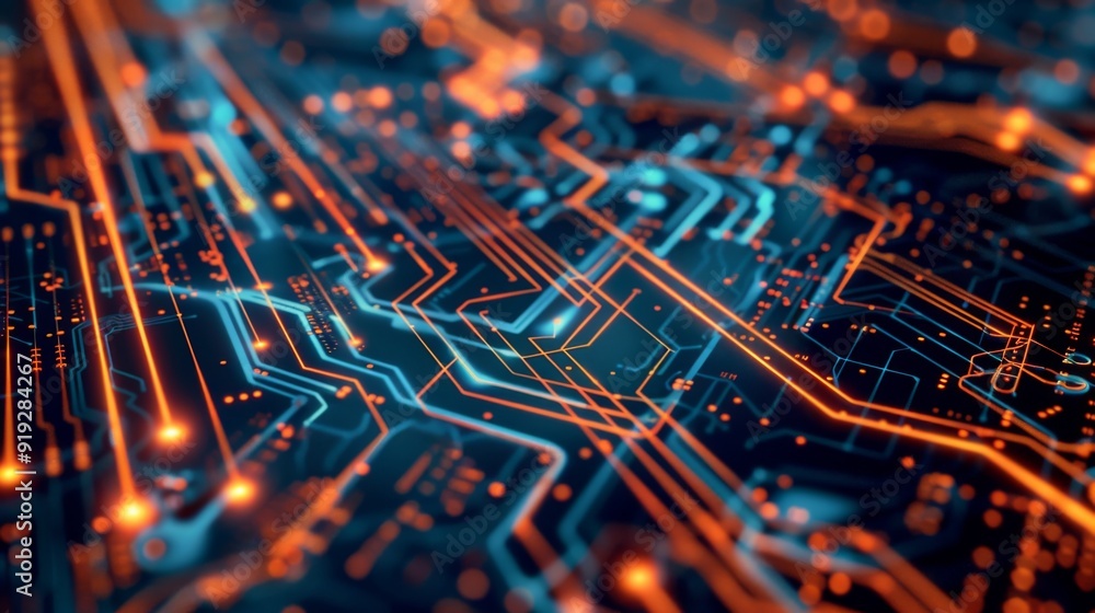 Poster image of a digital circuit board with glowing pathways, illustrating the intricacies of electronic e