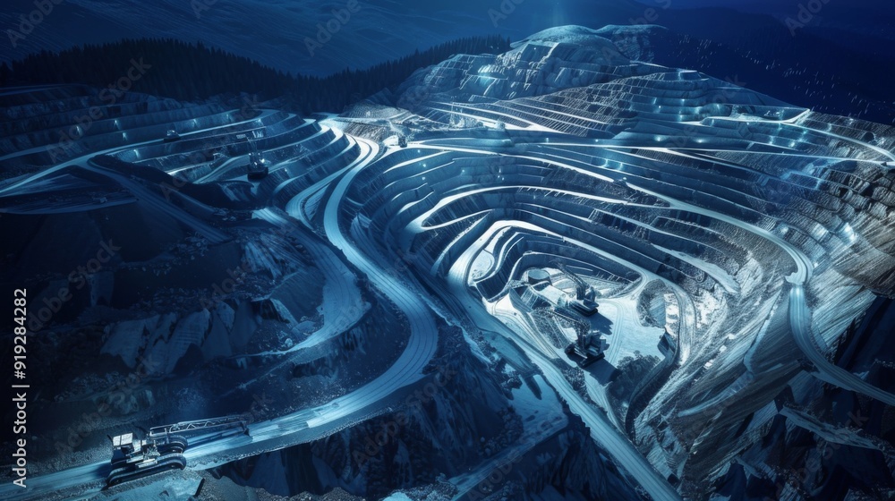 Poster high-tech mining engineering with digital maps and resource extraction plans, illustrating innovatio