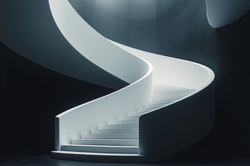 A white staircase spiraling upward in a dark, modern building. 