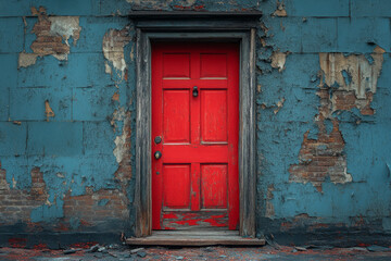 A red door standing ajar in a crumbling building, symbolizing the resilience of opportunity and the potential for new beginnings,