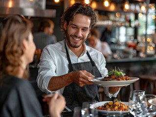 Waiter serving a delicious meal to a smiling customer at a lively restaurant in the evening