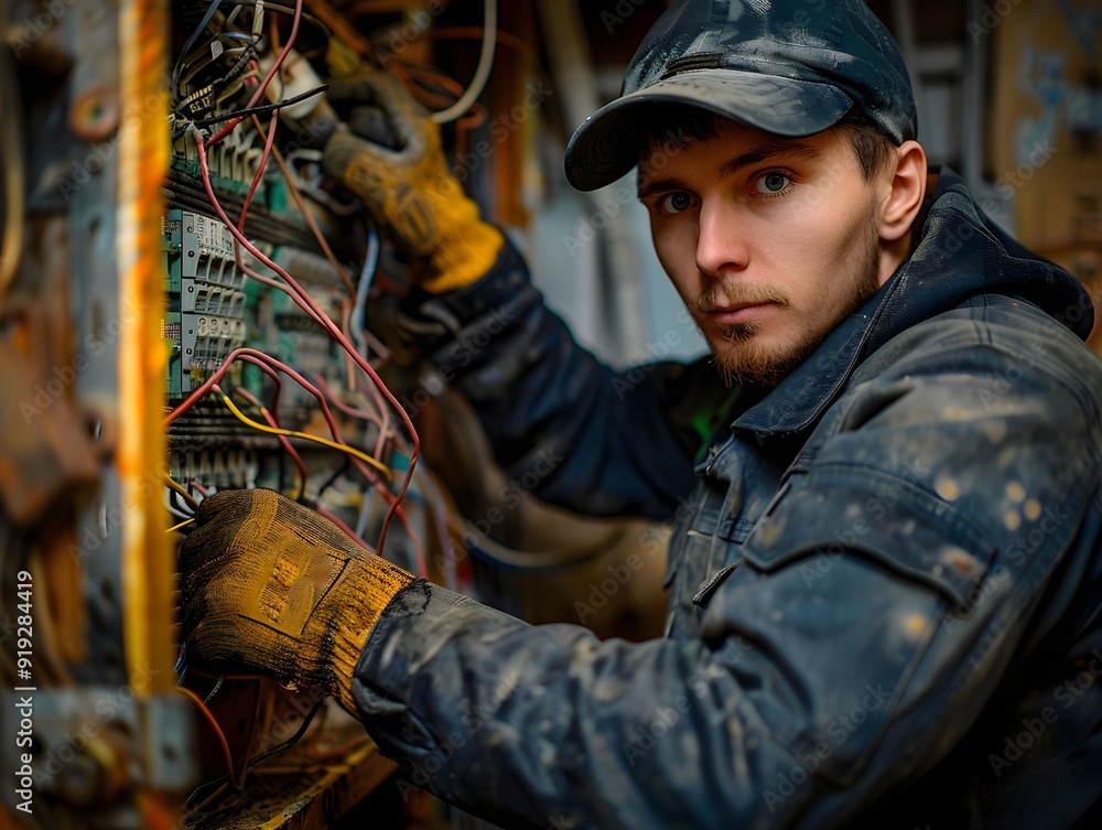 Poster electrician working on an industrial control panel with numerous wires in a workshop during the dayt