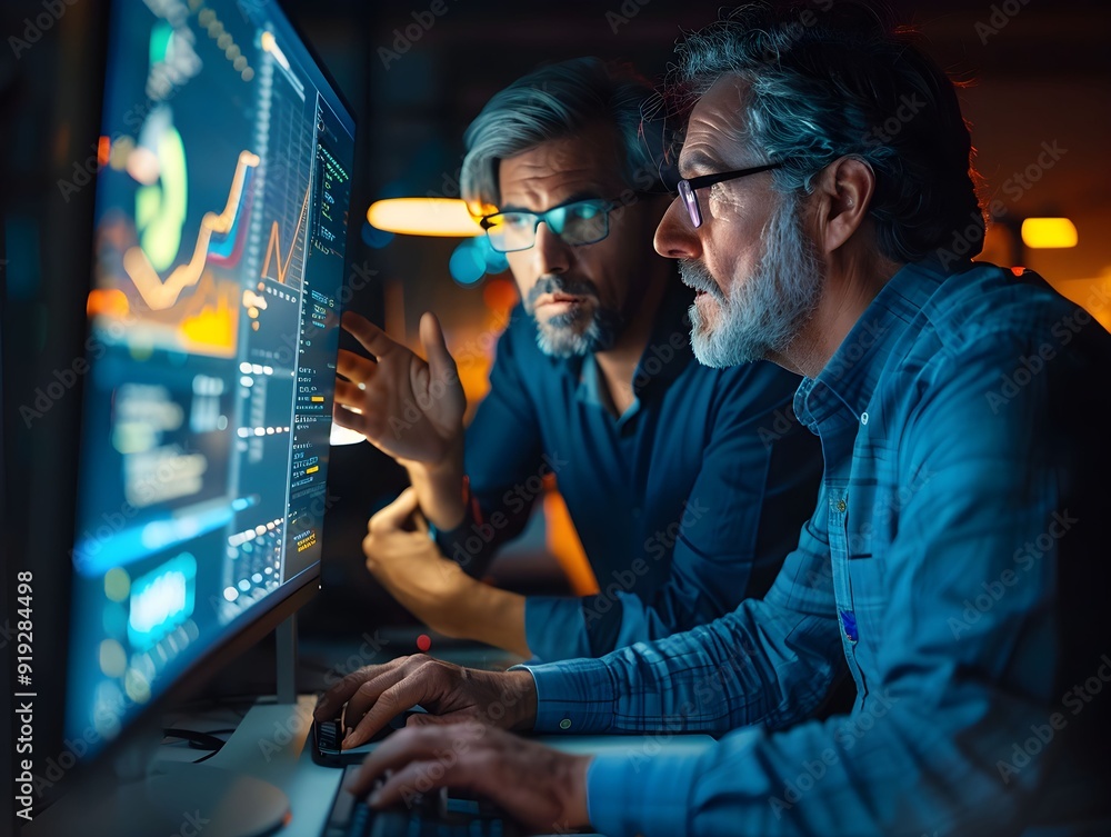 Poster two men analyzing data on a computer screen in a dimly lit office during the evening