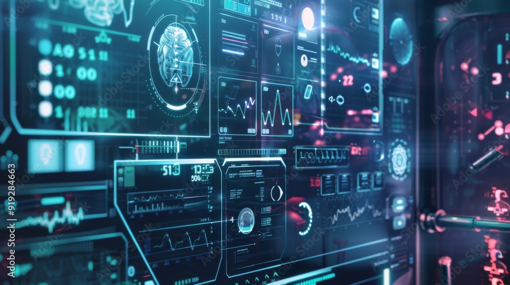 Poster image of a futuristic medical device with smart technology and data connectivity, illustrating innov