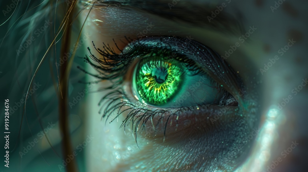 Poster close-up of a bright green eye with intricate patterns and reflections in low light