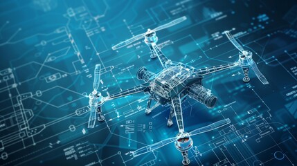 Image of a drone design blueprint with technical specifications, emphasizing aerospace engineering and the development of unmanned aerial vehicles.