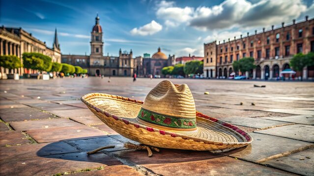 A worn, rustic sombrero lies abandoned on a dusty, sun-scorched Mexican plaza, evoking the rebellious spirit of the revolutionary era's folk hero legacy.