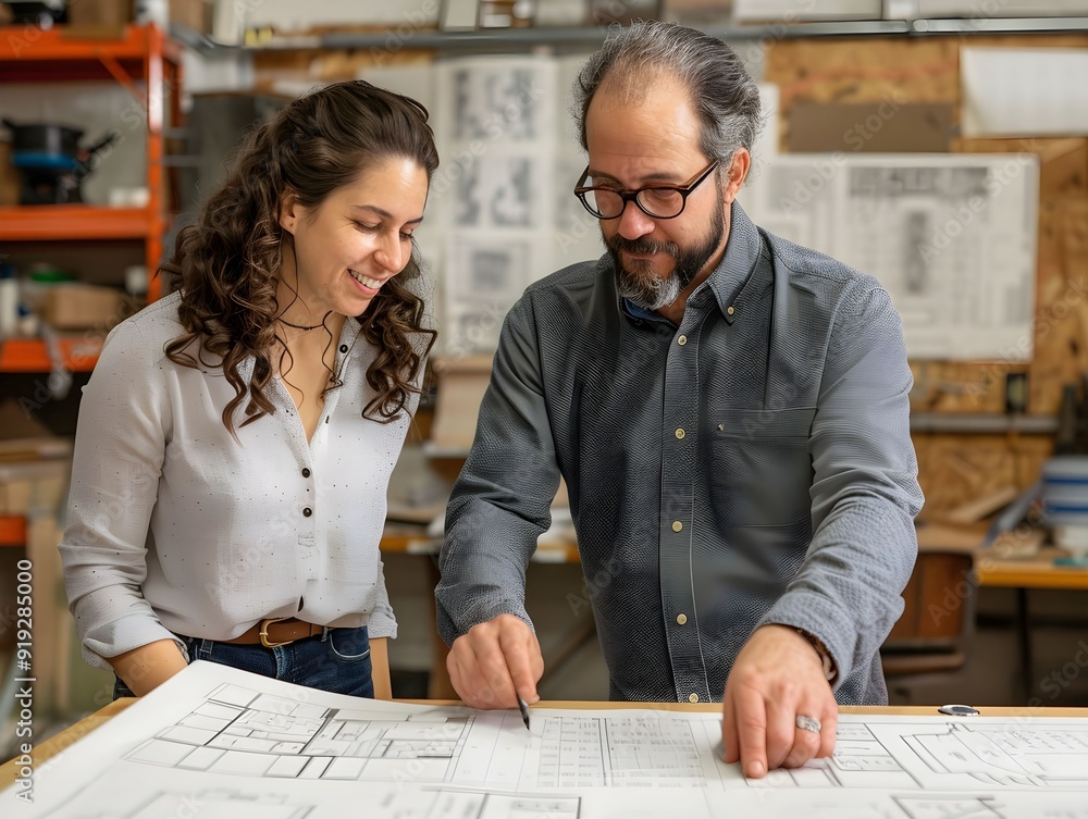 Poster collaborative design discussion between an architect and a young professional in a workshop