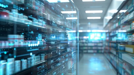 Image of a high-tech pharmacy with automated dispensing systems and digital interfaces, representing innovation in medication management.