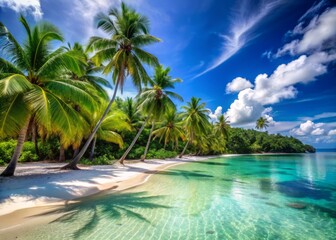 Obraz premium Serenity found: tranquil tropical paradise with pristine white sand beach, swaying coco palms, and crystal-clear waters under a vibrant blue sky perfect for relaxation.