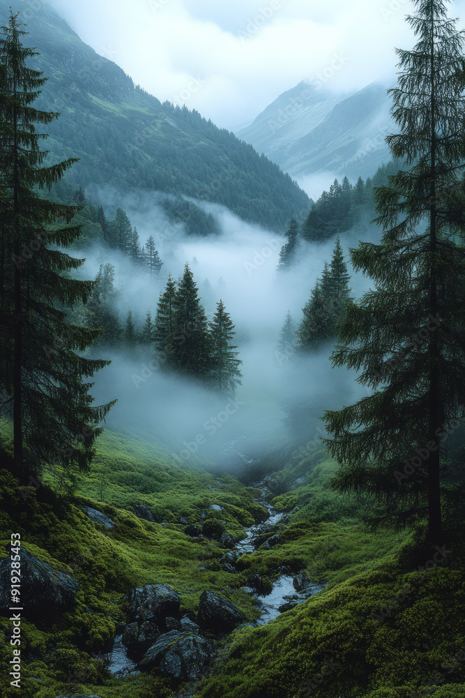 Poster a dense fog rolling through a valley, with the whispers of the wild blending with the soft sounds of