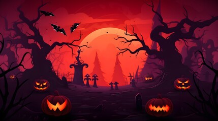 Halloween scene with a large red moon in the background