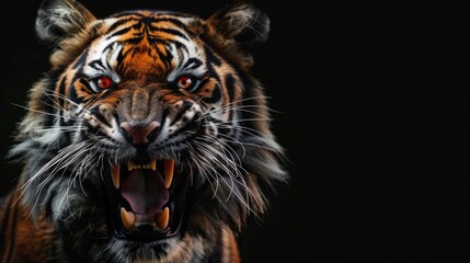 Fototapeta premium Majestic tiger roaring fiercely against a dark background during a nighttime encounter