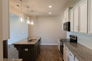 Modern kitchen with appliances, cabinets, and granite tops. Investment, renting, or house ownership concept