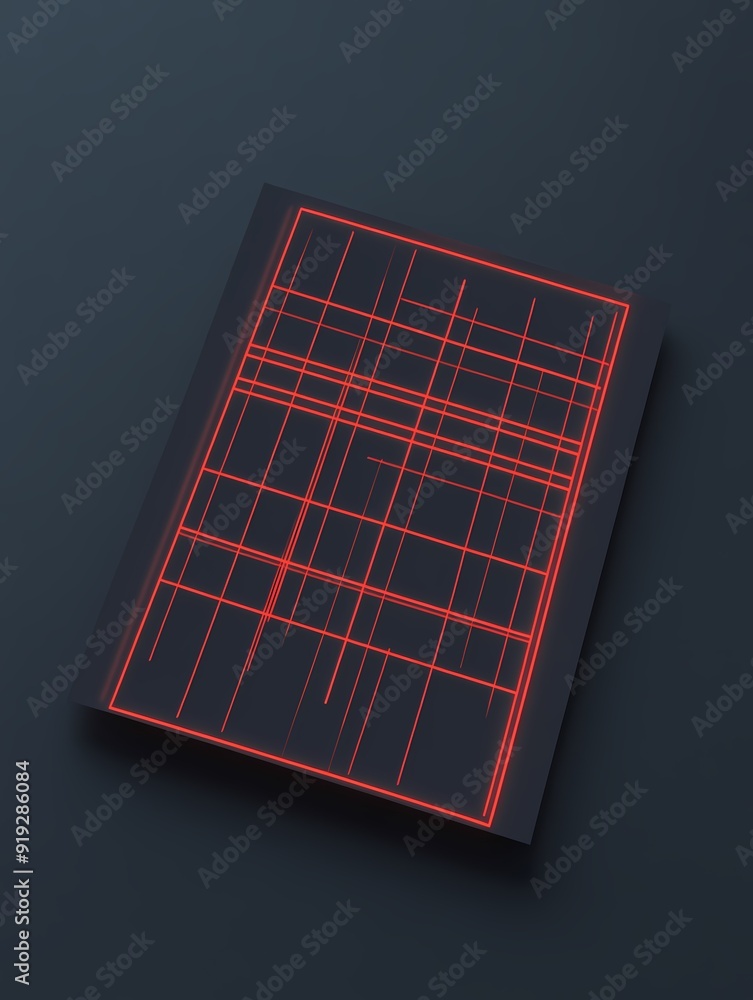 Poster a red glowing neon grid pattern on a black background, a glowing square with red lines.
