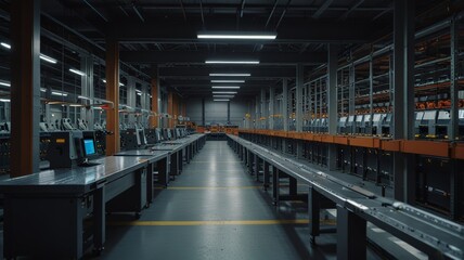 An ultra-modern robotic distribution center for mail and parcels, robots sorting and distribution tasks on conveyor