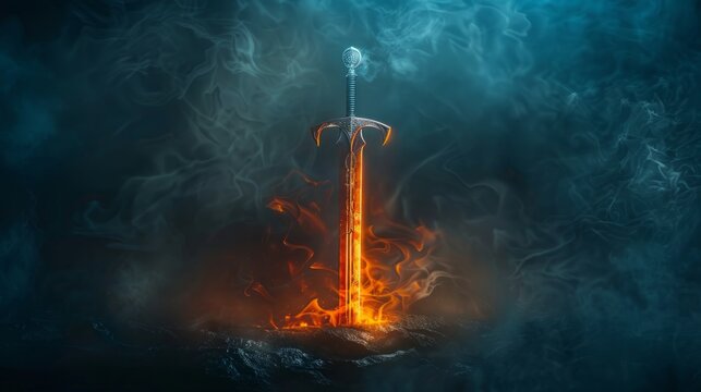 Glowing sword surrounded by smoke and flames on a dark background