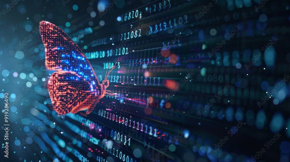 Poster the concept of digital transformation with a pixelated butterfly emerging from binary code, symboliz