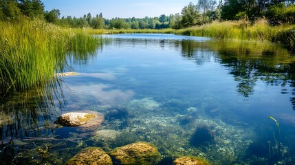 Wetland ecosystem with crystal clear water, home to various aquatic species