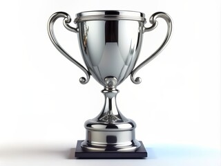 Fototapeta premium Shiny silver trophy with intricate design and slender handle standing upright on a clean and isolated white background, symbolizing achievement and recognition.