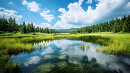 Obraz premium Wetland ecosystem with crystal clear water, home to various aquatic species