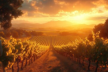 Obraz premium sundrenched vineyard at golden hour with lush grapevines heavy with ripe clusters misty mountains in the distance create a dreamy romantic atmosphere