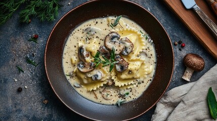 A cozy winter plate of Italian ravioli with mushroom creamy sauce, sprinkled with herbs and ground pepper, highlighting the comfort and richness of seasonal cuisine.