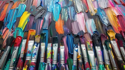 Various paintbrushes covered in vibrant paint strokes.