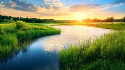 Dynamic fluidity of water in a vibrant wetland, reflecting natural harmony