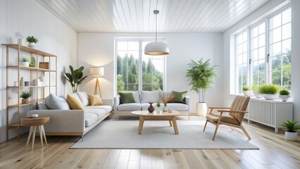 Fototapeta premium Clean and minimalist interiors with a bright and airy atmosphere, featuring a pristine white wooden floor that adds warmth and coziness to the space.