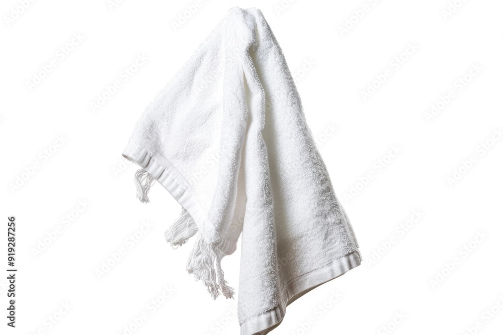 Poster a single white towel hangs from a hook on the wall, ready for use
