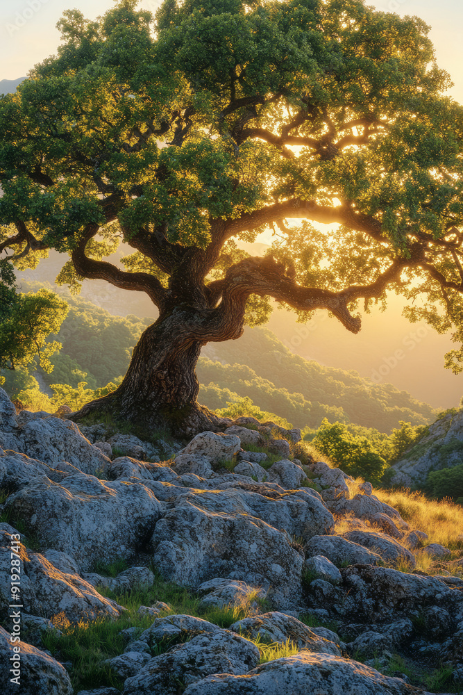 Poster An ancient oak tree, its branches whispering the wisdom of the wild with every movement in the breeze,