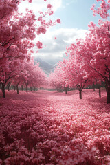 Naklejka premium A field of cherry blossoms in full bloom, their delicate petals drifting through the air like a soft spring breeze,