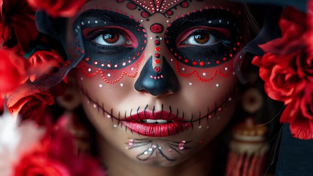 Young woman wearing sugar skull makeup posing for day of the dead celebration
