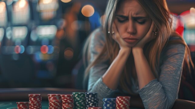 Young woman at a casino table shows signs of distress while playing poker in the evening
