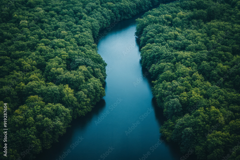 Poster a river winding through a dense forest, where the whispers of the wild are found in the soft lapping