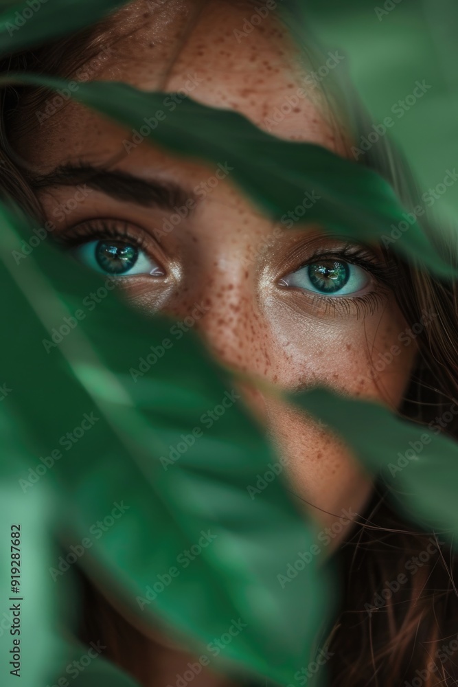Poster A close-up shot of a woman's face featuring distinctive freckles, suitable for use in editorial or commercial contexts