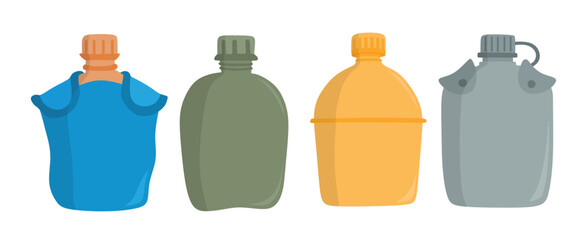 Military flask vector set cute cartoon style.