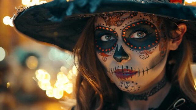 Young woman wearing sugar skull makeup posing for day of the dead celebration