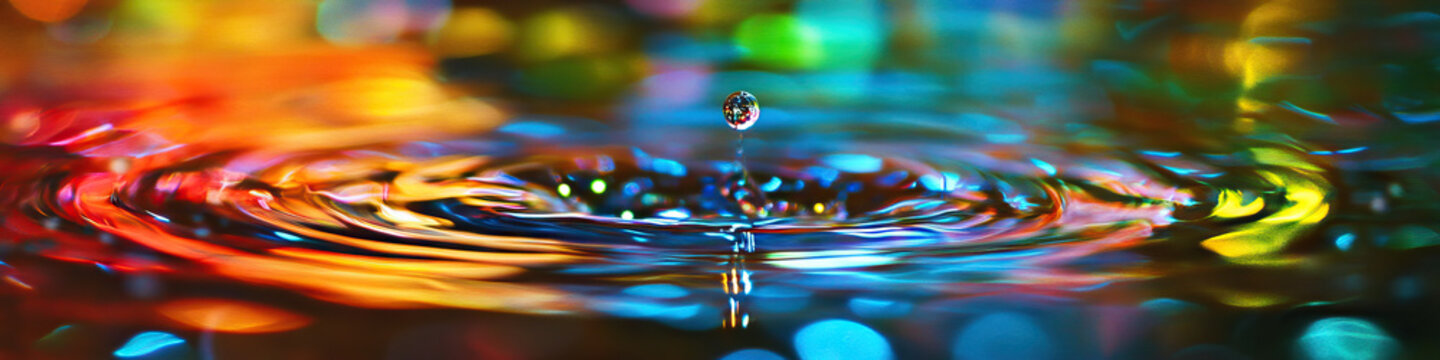 Radiant Ripples: A shallow pool of water with droplets of colored light projected onto its surface.