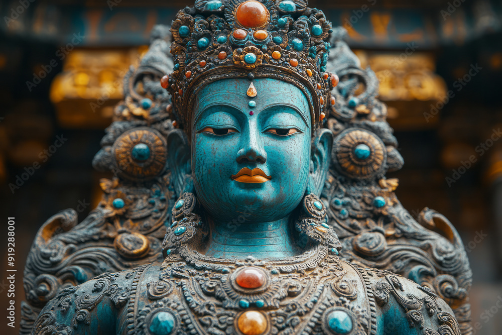 Poster a vibrant sentinel statue with multicolored gemstones embedded in its armor, guarding an ancient tem