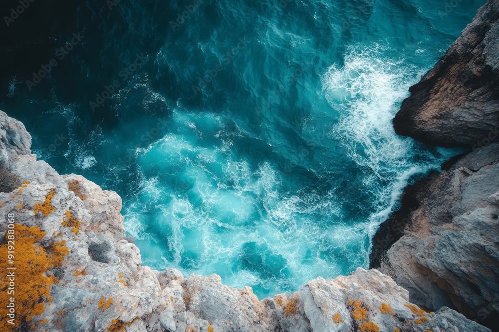 Poster a windy cliffside overlooking the ocean, where the whispers of the wild blend with the crashing of w