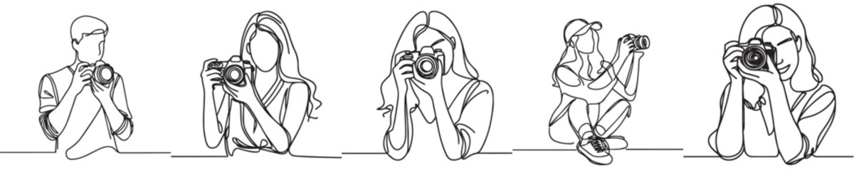 continuous line vector set of women taking pictures